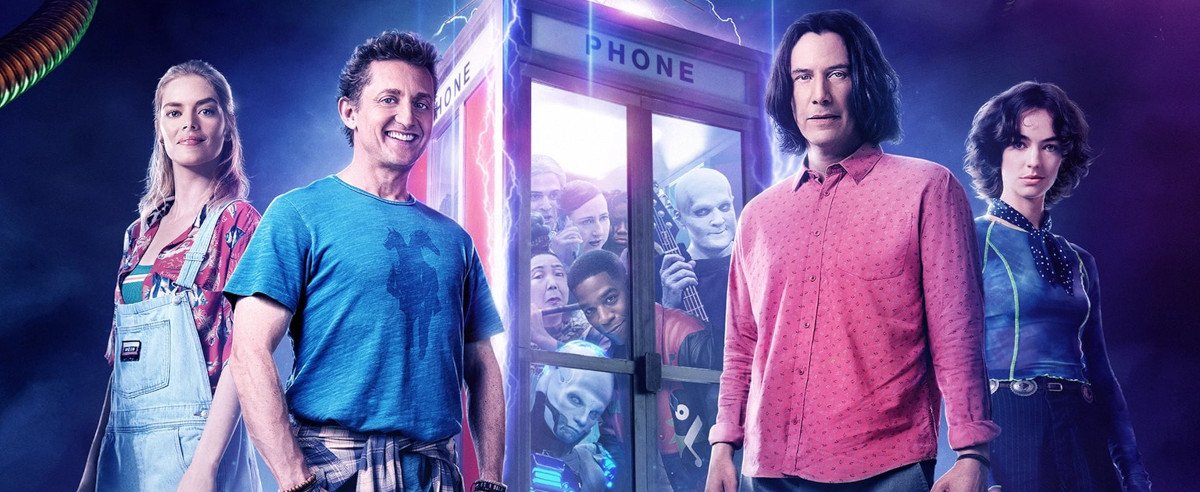 Bill und Ted stehen vor der ikonischen Telefonzelle, in der viele Fantasiekreaturen auf sie warten