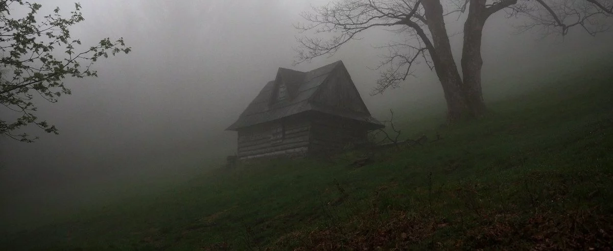 Ein Haus im dichten Nebel auf einer Waldlichtung