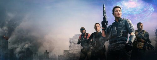 Die Protagonisten stehen vor einer zerstörten Stadt, im Hintergrund sieht man ein Zeitportal