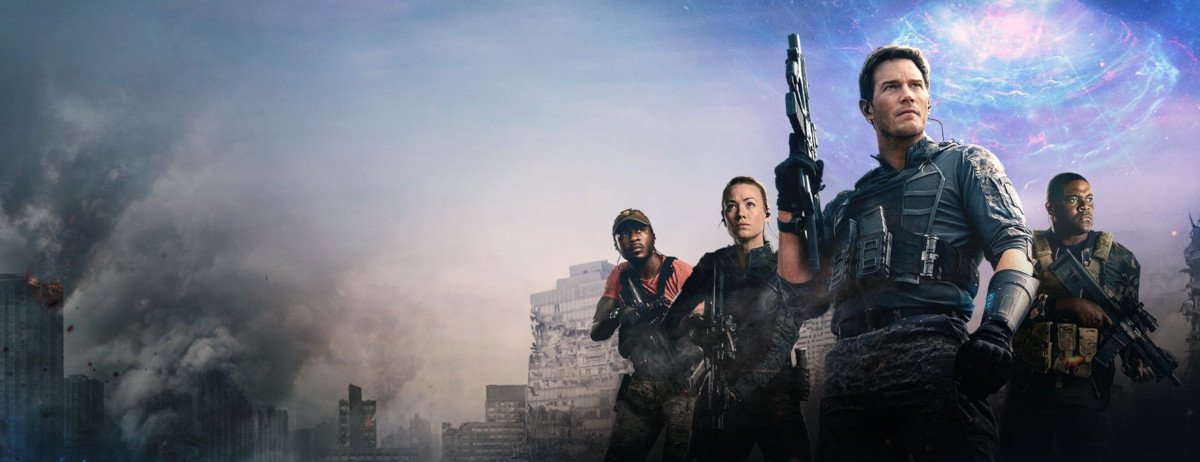 Die Protagonisten stehen vor einer zerstörten Stadt, im Hintergrund sieht man ein Zeitportal